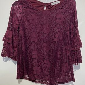 Rue Juju Women's Burgundy Lace Floral 3/4 Bell Sleeve Blouse Top Size Small